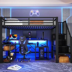Okwish Lit Mezzanine Enfant 90x200 cm Avec Bureau, LED, Escalier de Rangement, Garde-Corps et Ports USB, Sans Matelas, Métal + MDF, Noir Hot