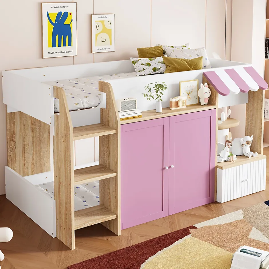 Okwish Lit Mezzanine enfant 90x200 cm avec Échelle et Rangement Ouvert - Bois Massif Naturel et Rose, Sans Matelas Clearance