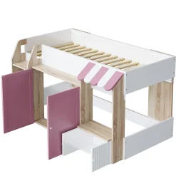 Okwish Lit Mezzanine enfant 90x200 cm avec Échelle et Rangement Ouvert - Bois Massif Naturel et Rose, Sans Matelas Clearance