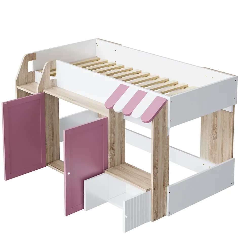 Okwish Lit Mezzanine enfant 90x200 cm avec Échelle et Rangement Ouvert - Bois Massif Naturel et Rose, Sans Matelas Clearance