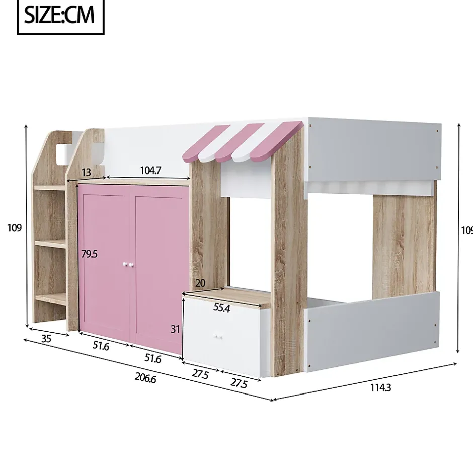 Okwish Lit Mezzanine enfant 90x200 cm avec Échelle et Rangement Ouvert - Bois Massif Naturel et Rose, Sans Matelas Clearance