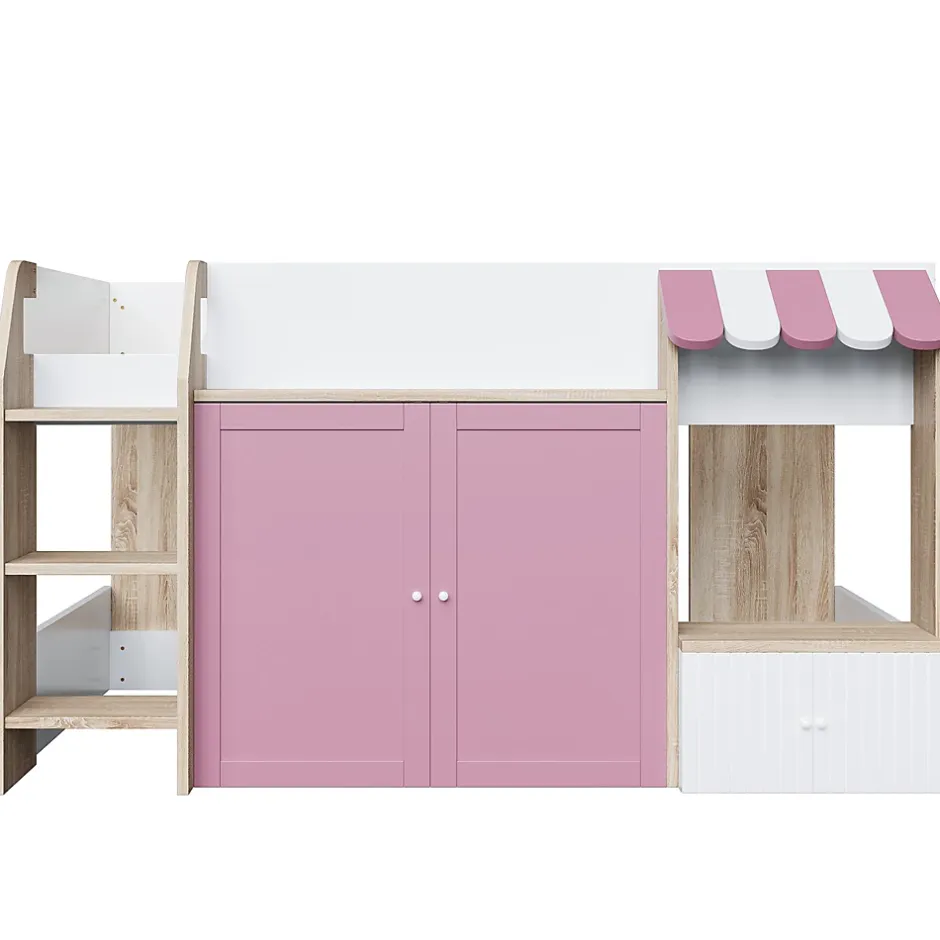 Okwish Lit Mezzanine enfant 90x200 cm avec Échelle et Rangement Ouvert - Bois Massif Naturel et Rose, Sans Matelas Clearance