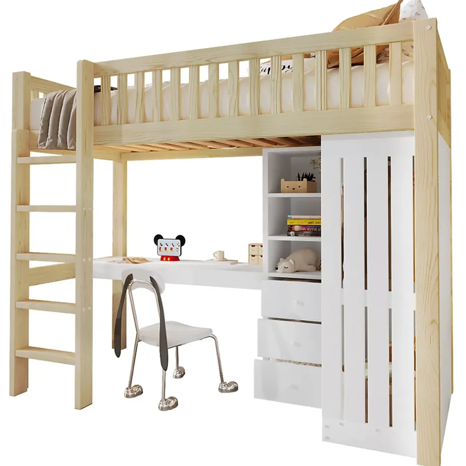 Okwish Lit Mezzanine Enfant 90x200 cm - avec Bureau Intégré, Armoire et 3 Tiroirs, Échelle et Garde-Corps, Bois Naturel - sans Matelas Clearance