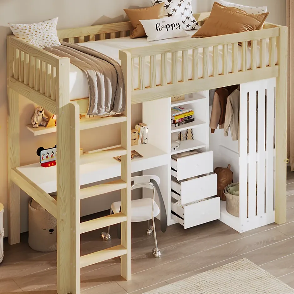 Okwish Lit Mezzanine Enfant 90x200 cm - avec Bureau Intégré, Armoire et 3 Tiroirs, Échelle et Garde-Corps, Bois Naturel - sans Matelas Clearance