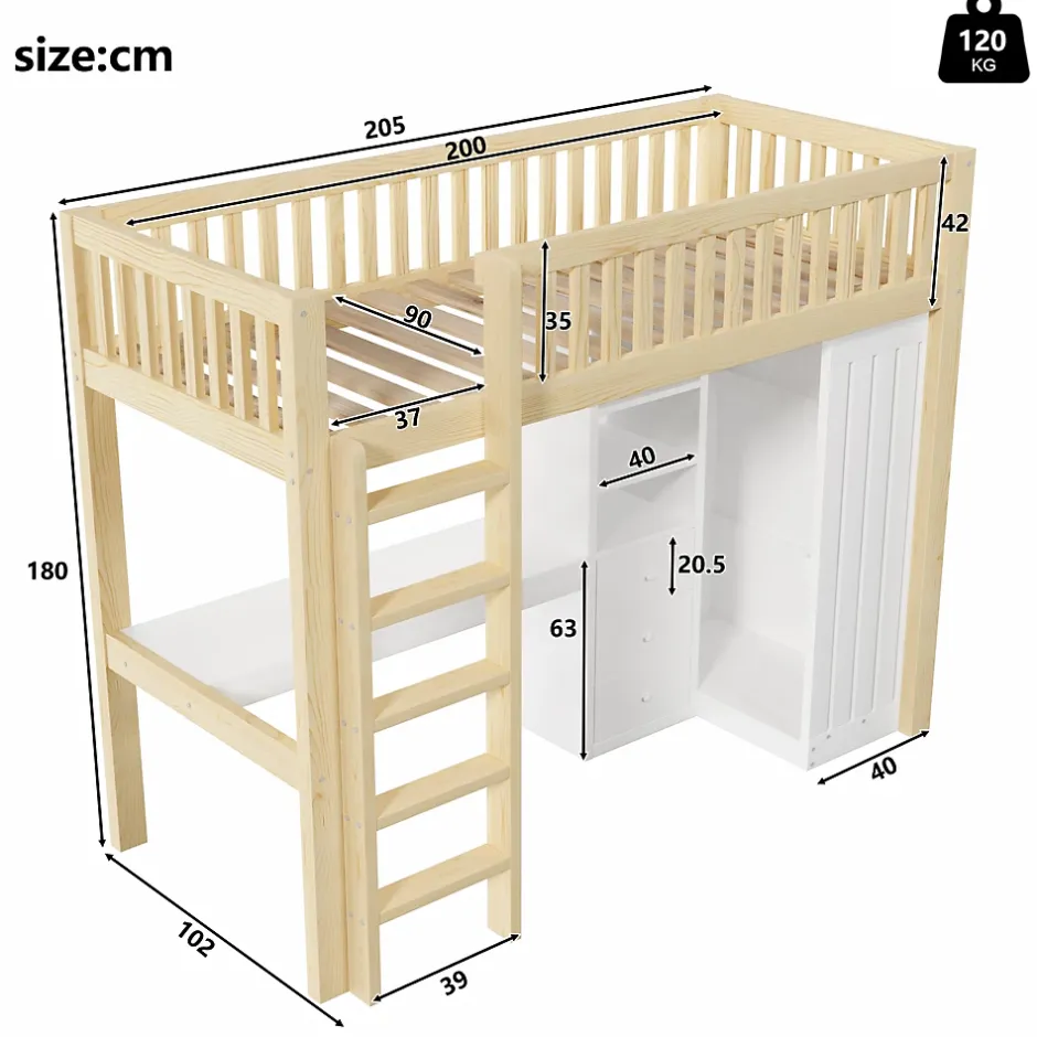 Okwish Lit Mezzanine Enfant 90x200 cm - avec Bureau Intégré, Armoire et 3 Tiroirs, Échelle et Garde-Corps, Bois Naturel - sans Matelas Clearance
