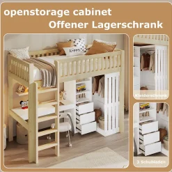 Okwish Lit Mezzanine Enfant 90x200 cm - avec Bureau Intégré, Armoire et 3 Tiroirs, Échelle et Garde-Corps, Bois Naturel - sans Matelas Clearance