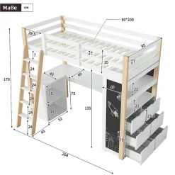 Okwish Lit Mezzanine enfant 90x200 cm - avec Bureau et Grand Tiroir de Rangement - Sans Matelas - Bois Massif et MDF, Blanc et Naturel