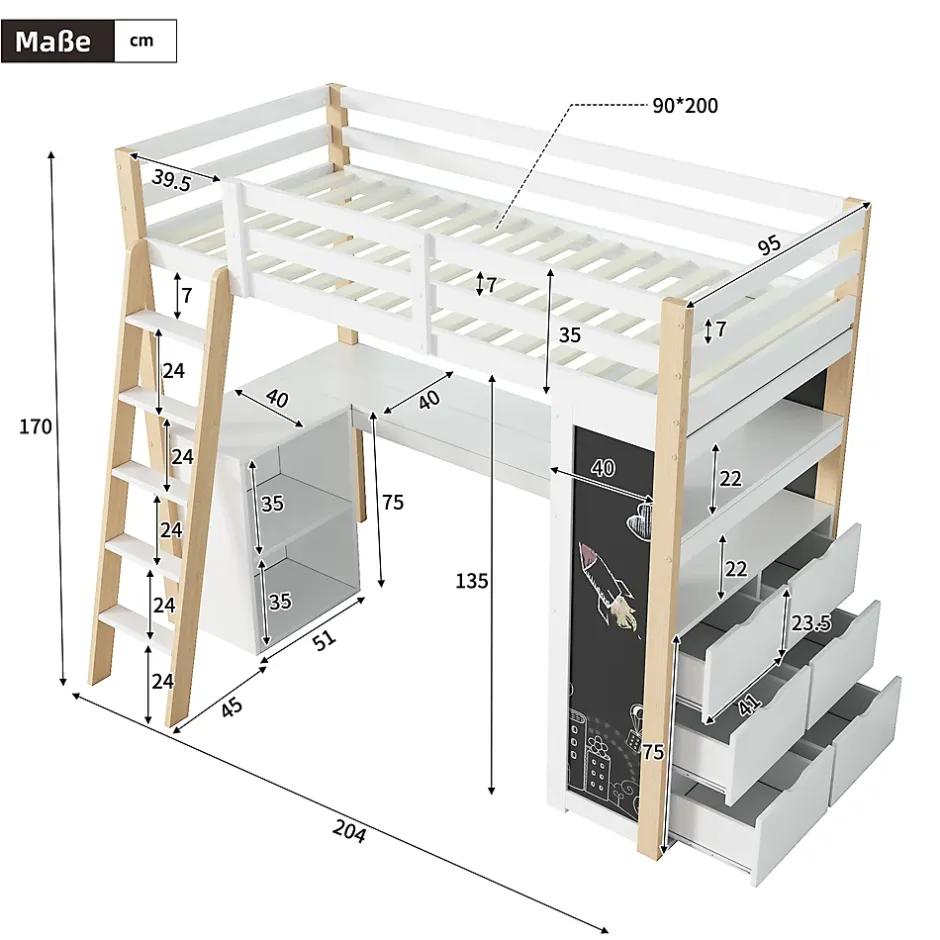 Okwish Lit Mezzanine enfant 90x200 cm - avec Bureau et Grand Tiroir de Rangement - Sans Matelas - Bois Massif et MDF, Blanc et Naturel