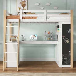 Okwish Lit Mezzanine enfant 90x200 cm - avec Bureau et Grand Tiroir de Rangement - Sans Matelas - Bois Massif et MDF, Blanc et Naturel