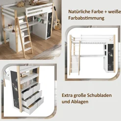 Okwish Lit Mezzanine enfant 90x200 cm - avec Bureau et Grand Tiroir de Rangement - Sans Matelas - Bois Massif et MDF, Blanc et Naturel