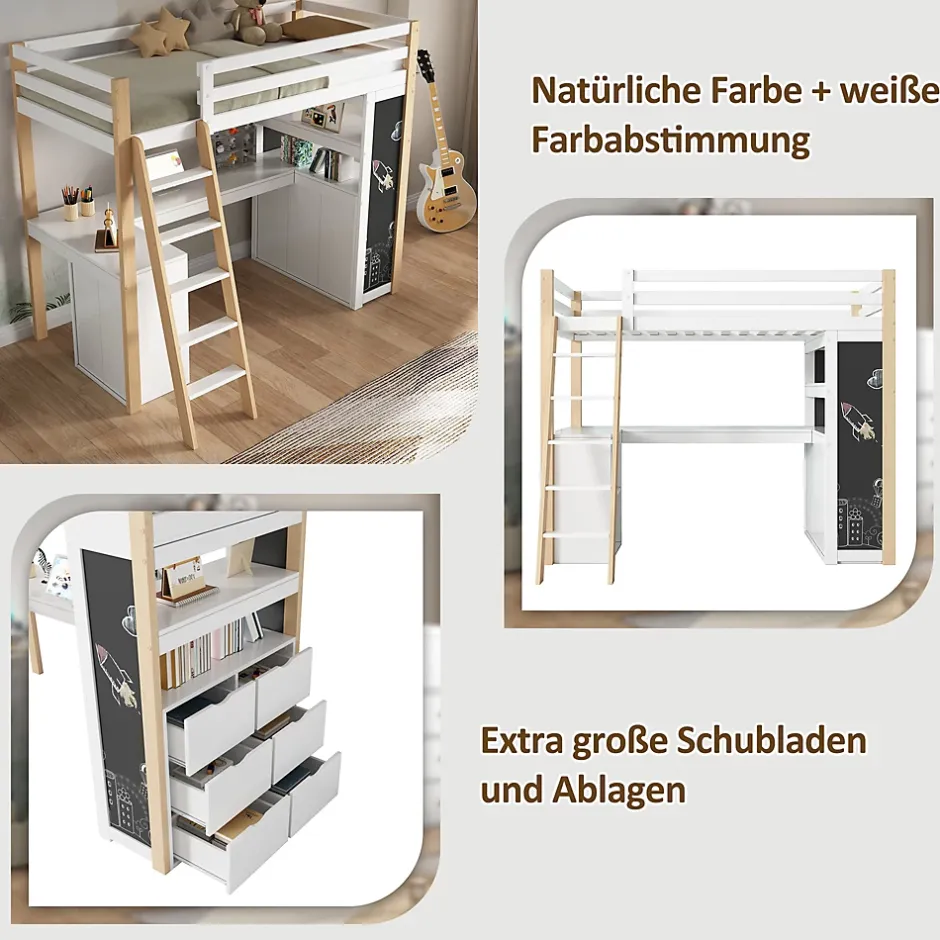 Okwish Lit Mezzanine enfant 90x200 cm - avec Bureau et Grand Tiroir de Rangement - Sans Matelas - Bois Massif et MDF, Blanc et Naturel