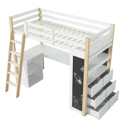 Okwish Lit Mezzanine enfant 90x200 cm - avec Bureau et Grand Tiroir de Rangement - Sans Matelas - Bois Massif et MDF, Blanc et Naturel