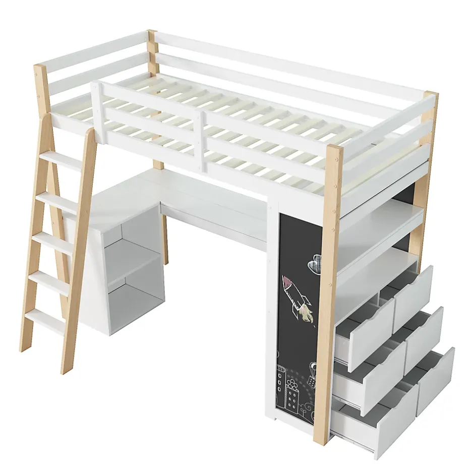 Okwish Lit Mezzanine enfant 90x200 cm - avec Bureau et Grand Tiroir de Rangement - Sans Matelas - Bois Massif et MDF, Blanc et Naturel
