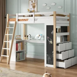 Okwish Lit Mezzanine enfant 90x200 cm - avec Bureau et Grand Tiroir de Rangement - Sans Matelas - Bois Massif et MDF, Blanc et Naturel