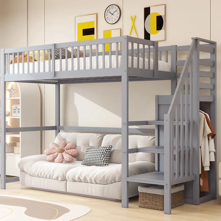Okwish Lit Mezzanine enfant 90x200 cm avec Rangement, Escalier et Petit Dressing Intégré Bois Gris, Multifonction pour Chambre Ado, Gris