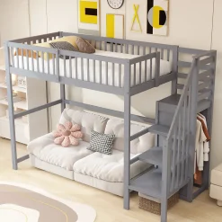 Okwish Lit Mezzanine enfant 90x200 cm avec Rangement, Escalier et Petit Dressing Intégré Bois Gris, Multifonction pour Chambre Ado, Gris