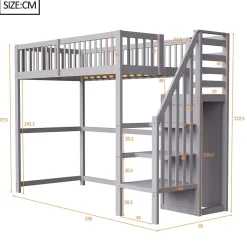 Okwish Lit Mezzanine enfant 90x200 cm avec Rangement, Escalier et Petit Dressing Intégré Bois Gris, Multifonction pour Chambre Ado, Gris