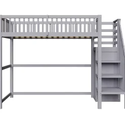 Okwish Lit Mezzanine enfant 90x200 cm avec Rangement, Escalier et Petit Dressing Intégré Bois Gris, Multifonction pour Chambre Ado, Gris