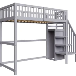 Okwish Lit Mezzanine enfant 90x200 cm avec Rangement, Escalier et Petit Dressing Intégré Bois Gris, Multifonction pour Chambre Ado, Gris