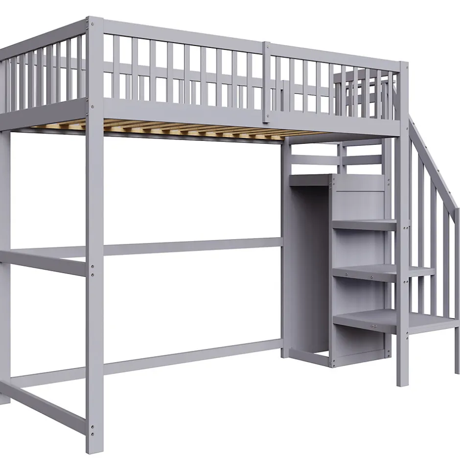 Okwish Lit Mezzanine enfant 90x200 cm avec Rangement, Escalier et Petit Dressing Intégré Bois Gris, Multifonction pour Chambre Ado, Gris
