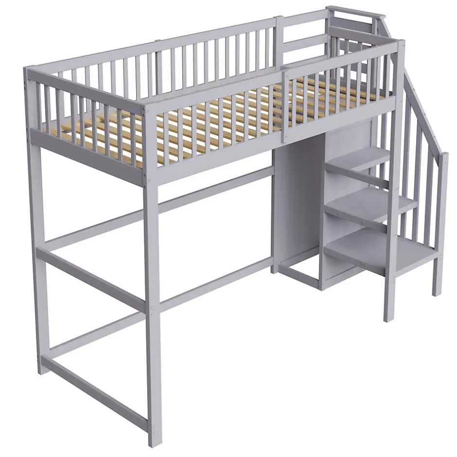 Okwish Lit Mezzanine enfant 90x200 cm avec Rangement, Escalier et Petit Dressing Intégré Bois Gris, Multifonction pour Chambre Ado, Gris