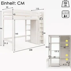 Okwish Lit Mezzanine Enfant 90x200 cm - Lit avec Armoire et 6 Étagères, Bois Massif et Panneaux E1, Blanc New