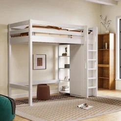 Okwish Lit Mezzanine Enfant 90x200 cm - Lit avec Armoire et 6 Étagères, Bois Massif et Panneaux E1, Blanc New