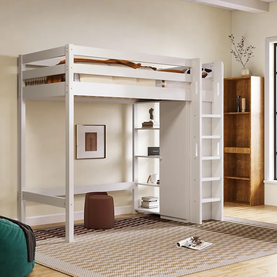 Okwish Lit Mezzanine Enfant 90x200 cm - Lit avec Armoire et 6 Étagères, Bois Massif et Panneaux E1, Blanc New
