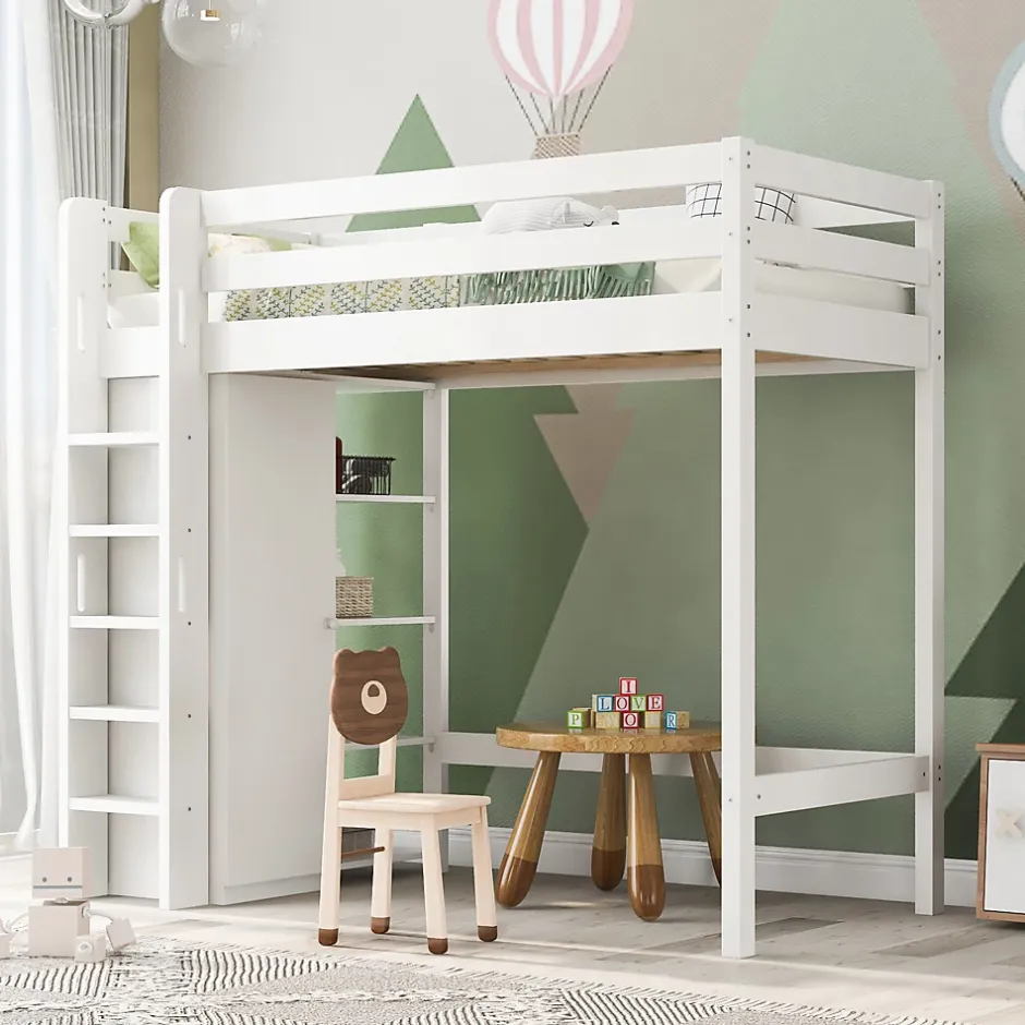 Okwish Lit Mezzanine Enfant 90x200 cm - Lit avec Armoire et 6 Étagères, Bois Massif et Panneaux E1, Blanc New