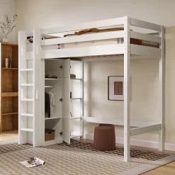 Okwish Lit Mezzanine Enfant 90x200 cm - Lit avec Armoire et 6 Étagères, Bois Massif et Panneaux E1, Blanc New