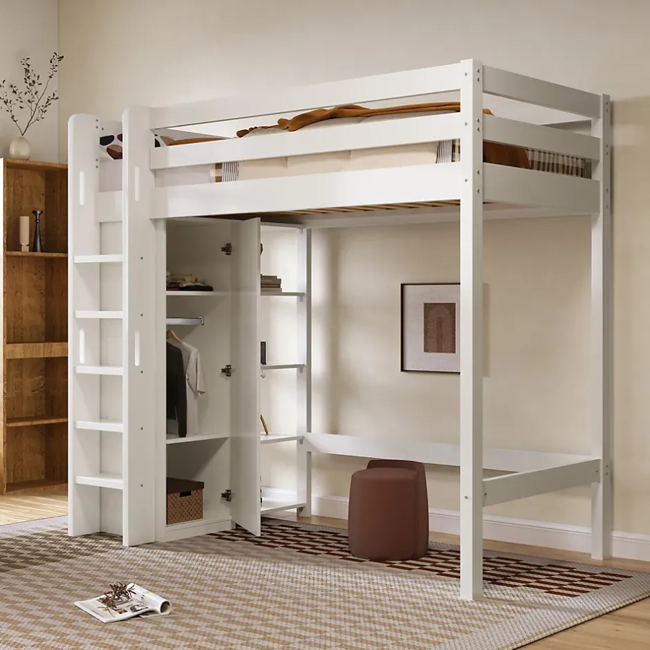 Okwish Lit Mezzanine Enfant 90x200 cm - Lit avec Armoire et 6 Étagères, Bois Massif et Panneaux E1, Blanc New