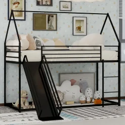 Okwish Lit Mezzanine Enfant 90x190 cm - Lit Maison avec Toboggan et Échelle, Métal Noir, Sans Matelas