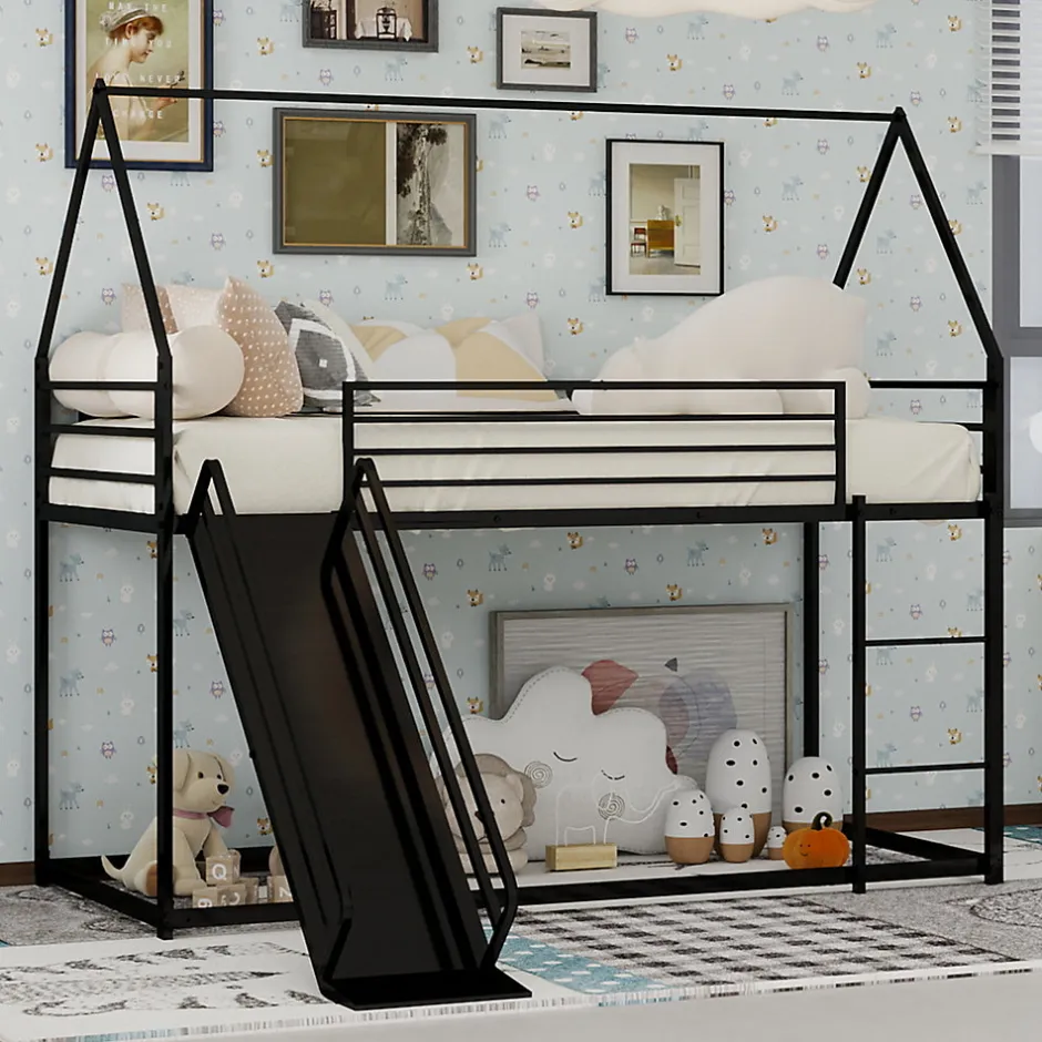 Okwish Lit Mezzanine Enfant 90x190 cm - Lit Maison avec Toboggan et Échelle, Métal Noir, Sans Matelas