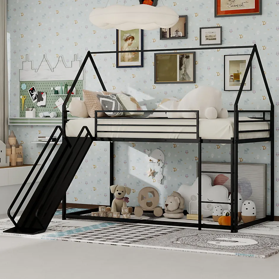 Okwish Lit Mezzanine Enfant 90x190 cm - Lit Maison avec Toboggan et Échelle, Métal Noir, Sans Matelas