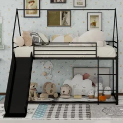 Okwish Lit Mezzanine Enfant 90x190 cm - Lit Maison avec Toboggan et Échelle, Métal Noir, Sans Matelas