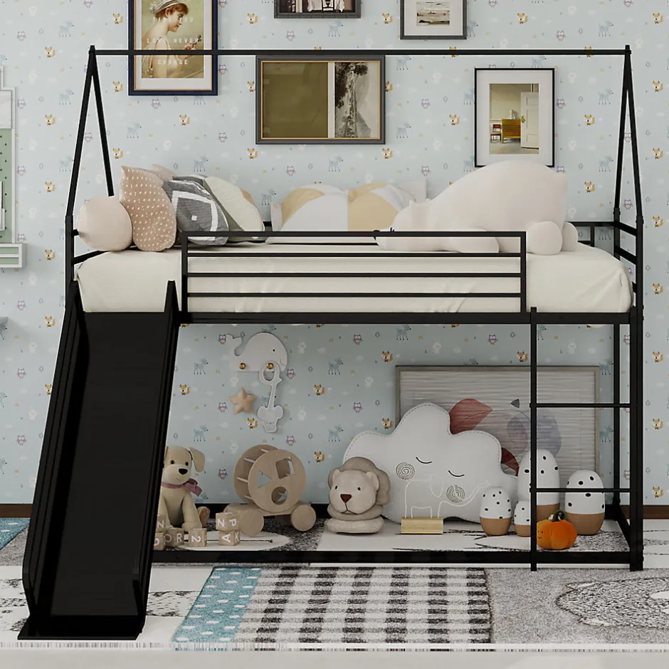 Okwish Lit Mezzanine Enfant 90x190 cm - Lit Maison avec Toboggan et Échelle, Métal Noir, Sans Matelas