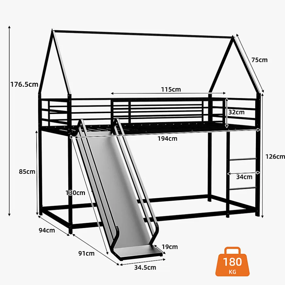 Okwish Lit Mezzanine Enfant 90x190 cm - Lit Maison avec Toboggan et Échelle, Métal Noir, Sans Matelas