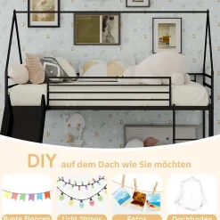 Okwish Lit Mezzanine Enfant 90x190 cm - Lit Maison avec Toboggan et Échelle, Métal Noir, Sans Matelas