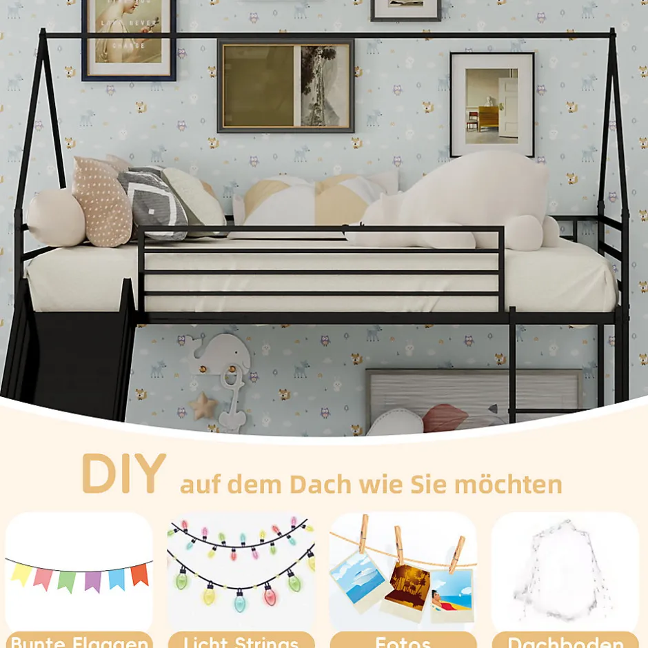 Okwish Lit Mezzanine Enfant 90x190 cm - Lit Maison avec Toboggan et Échelle, Métal Noir, Sans Matelas