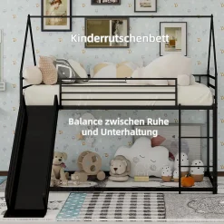 Okwish Lit Mezzanine Enfant 90x190 cm - Lit Maison avec Toboggan et Échelle, Métal Noir, Sans Matelas