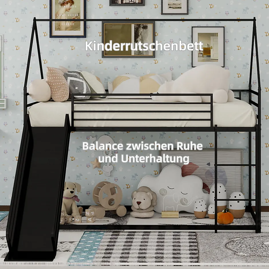 Okwish Lit Mezzanine Enfant 90x190 cm - Lit Maison avec Toboggan et Échelle, Métal Noir, Sans Matelas