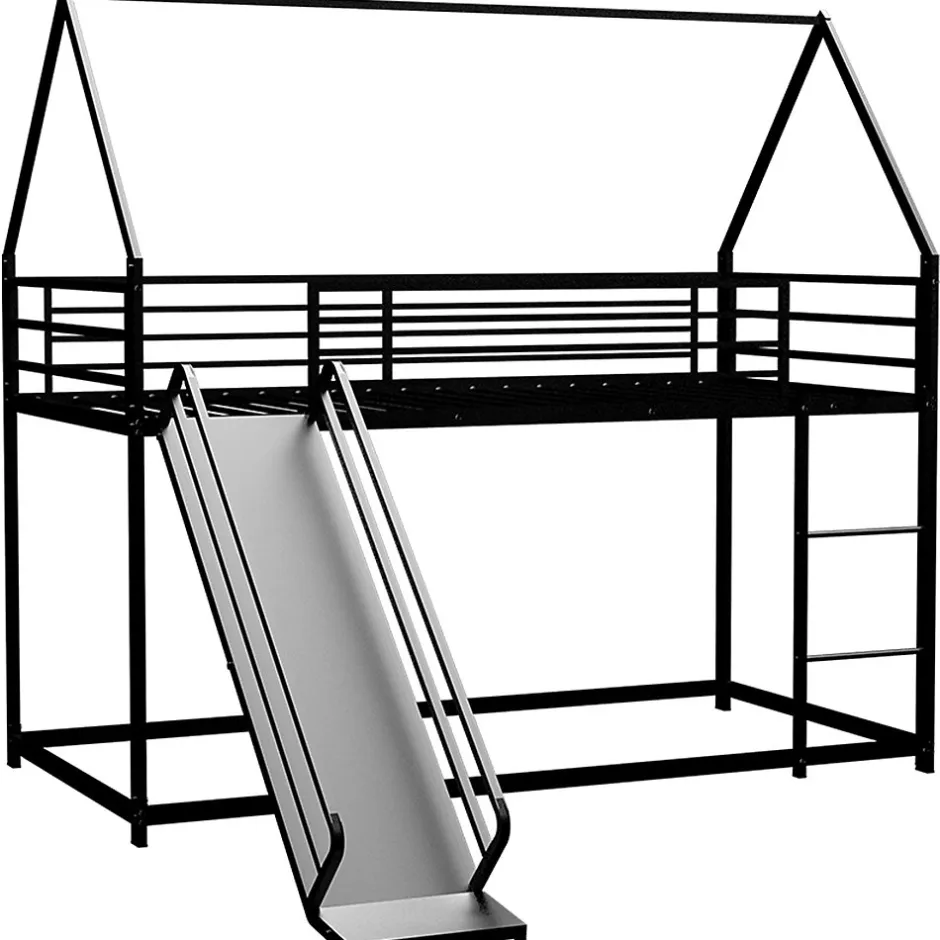 Okwish Lit Mezzanine Enfant 90x190 cm - Lit Maison avec Toboggan et Échelle, Métal Noir, Sans Matelas