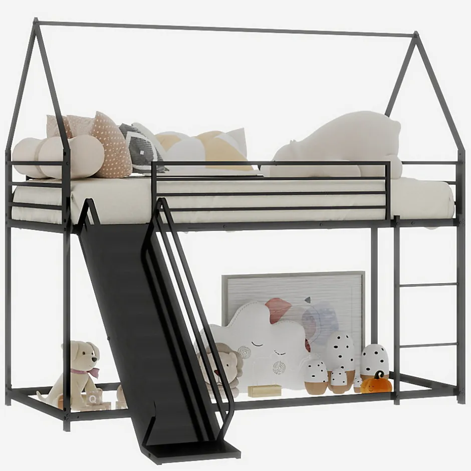 Okwish Lit Mezzanine Enfant 90x190 cm - Lit Maison avec Toboggan et Échelle, Métal Noir, Sans Matelas