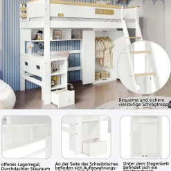 Okwish Lit Mezzanine enfant 90x200 cm Bois avec Bureau, Échelle à Niveaux, Protection Anti-Chute, Rangement, Blanc/Naturel, Sans Matelas