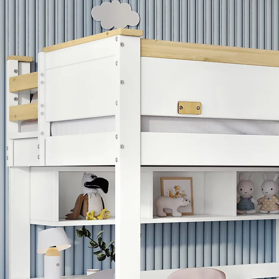 Okwish Lit Mezzanine enfant 90x200 cm Bois avec Bureau, Échelle à Niveaux, Protection Anti-Chute, Rangement, Blanc/Naturel, Sans Matelas