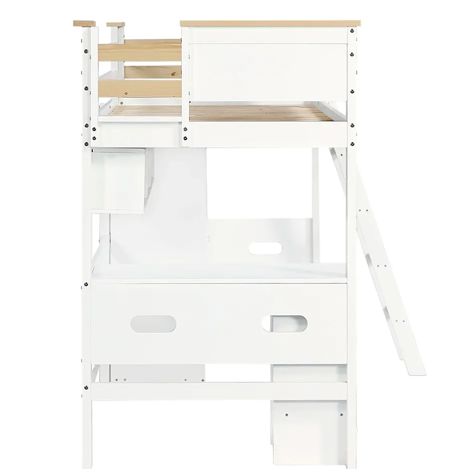 Okwish Lit Mezzanine enfant 90x200 cm Bois avec Bureau, Échelle à Niveaux, Protection Anti-Chute, Rangement, Blanc/Naturel, Sans Matelas