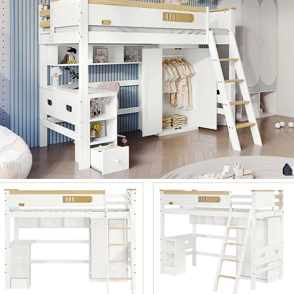 Okwish Lit Mezzanine enfant 90x200 cm Bois avec Bureau, Échelle à Niveaux, Protection Anti-Chute, Rangement, Blanc/Naturel, Sans Matelas
