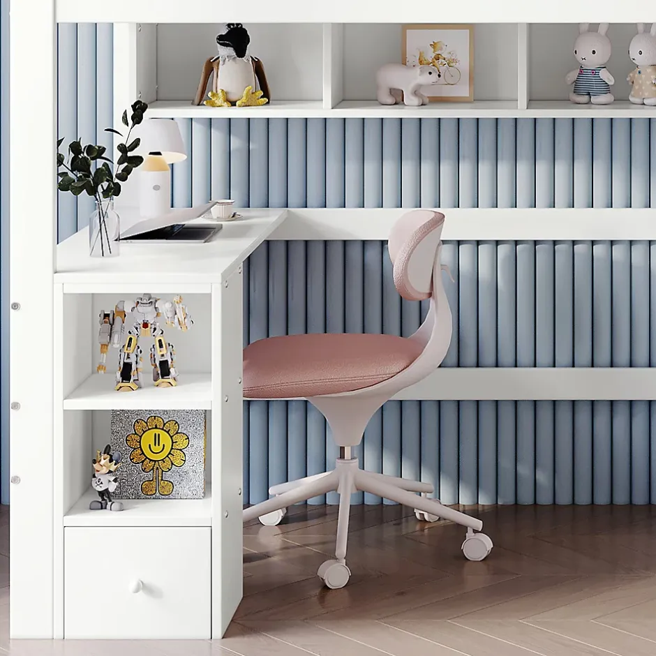 Okwish Lit Mezzanine enfant 90x200 cm Bois avec Bureau, Échelle à Niveaux, Protection Anti-Chute, Rangement, Blanc/Naturel, Sans Matelas