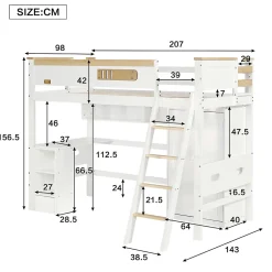 Okwish Lit Mezzanine enfant 90x200 cm Bois avec Bureau, Échelle à Niveaux, Protection Anti-Chute, Rangement, Blanc/Naturel, Sans Matelas