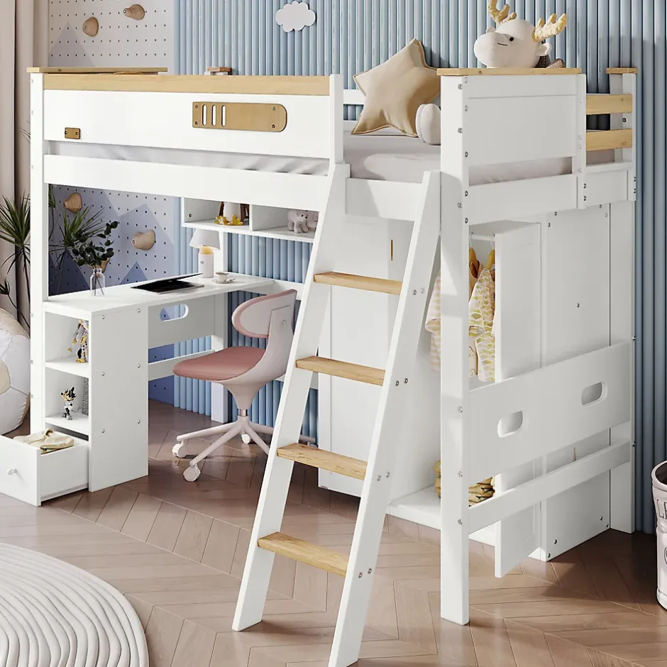 Okwish Lit Mezzanine enfant 90x200 cm Bois avec Bureau, Échelle à Niveaux, Protection Anti-Chute, Rangement, Blanc/Naturel, Sans Matelas
